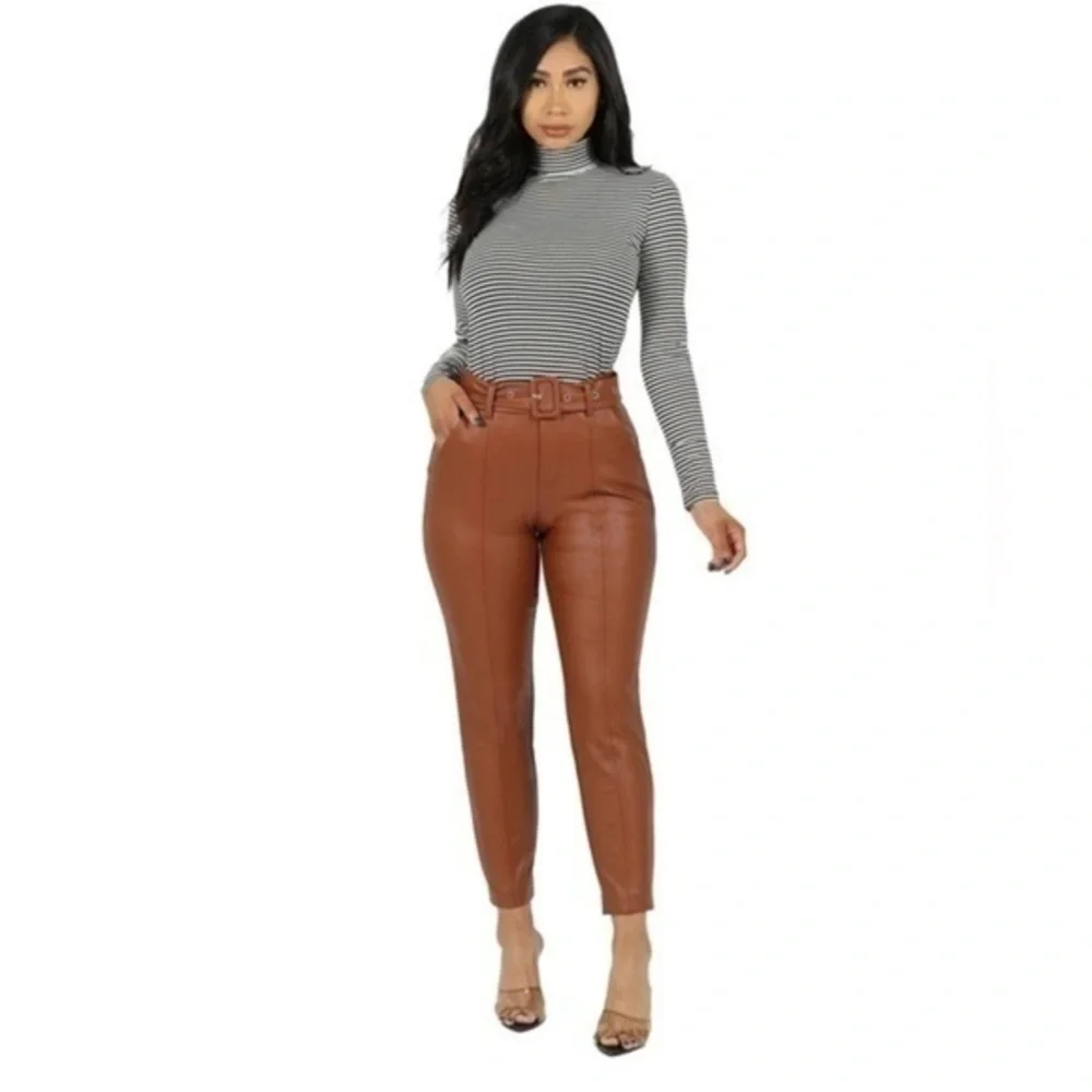 NWT BBJ Womens Large Chestnut Brown Vegan Leather Belt High Rise Trouser Pants L